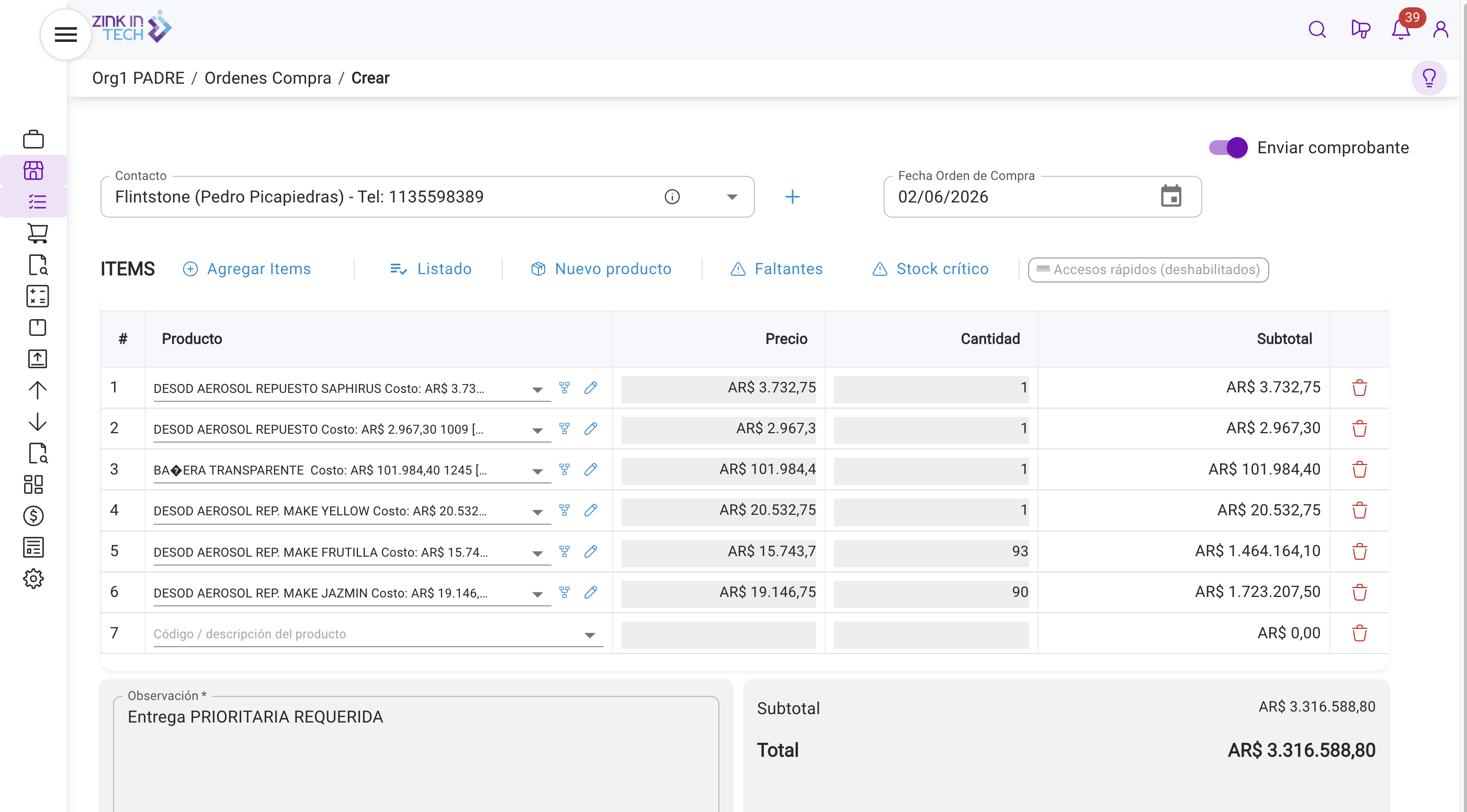 Formulario de orden de compra con proveedor, items, cantidades y total consolidado