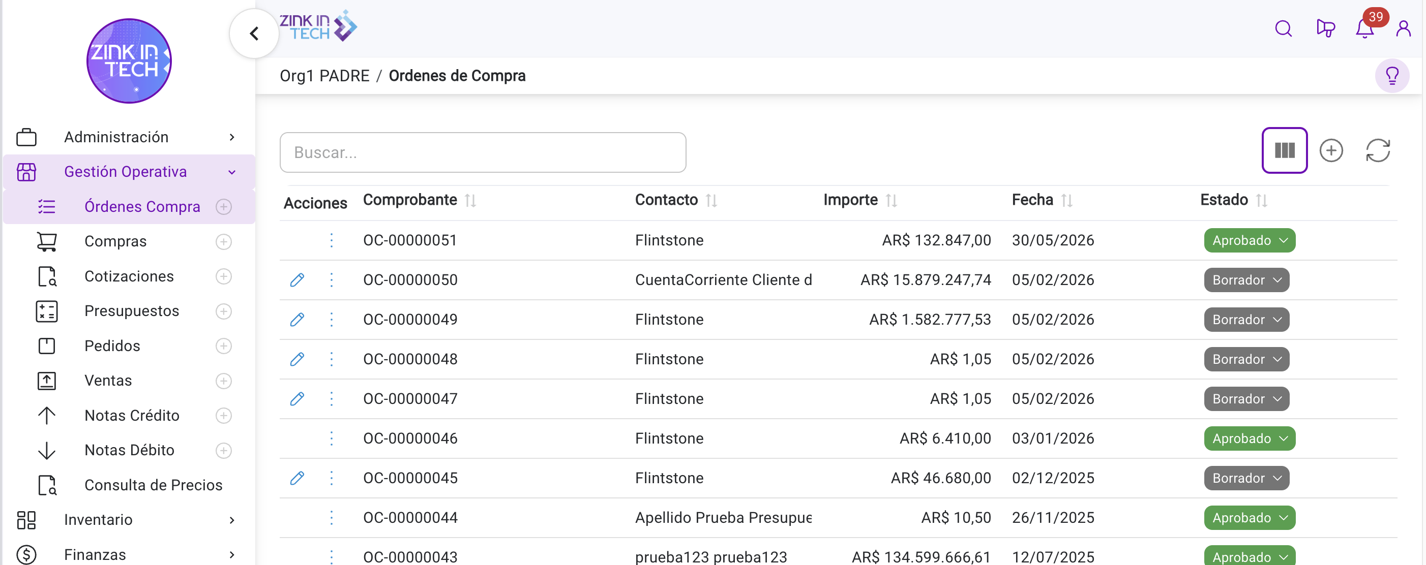 Listado de ordenes de compra con proveedor, importe, fecha y estado