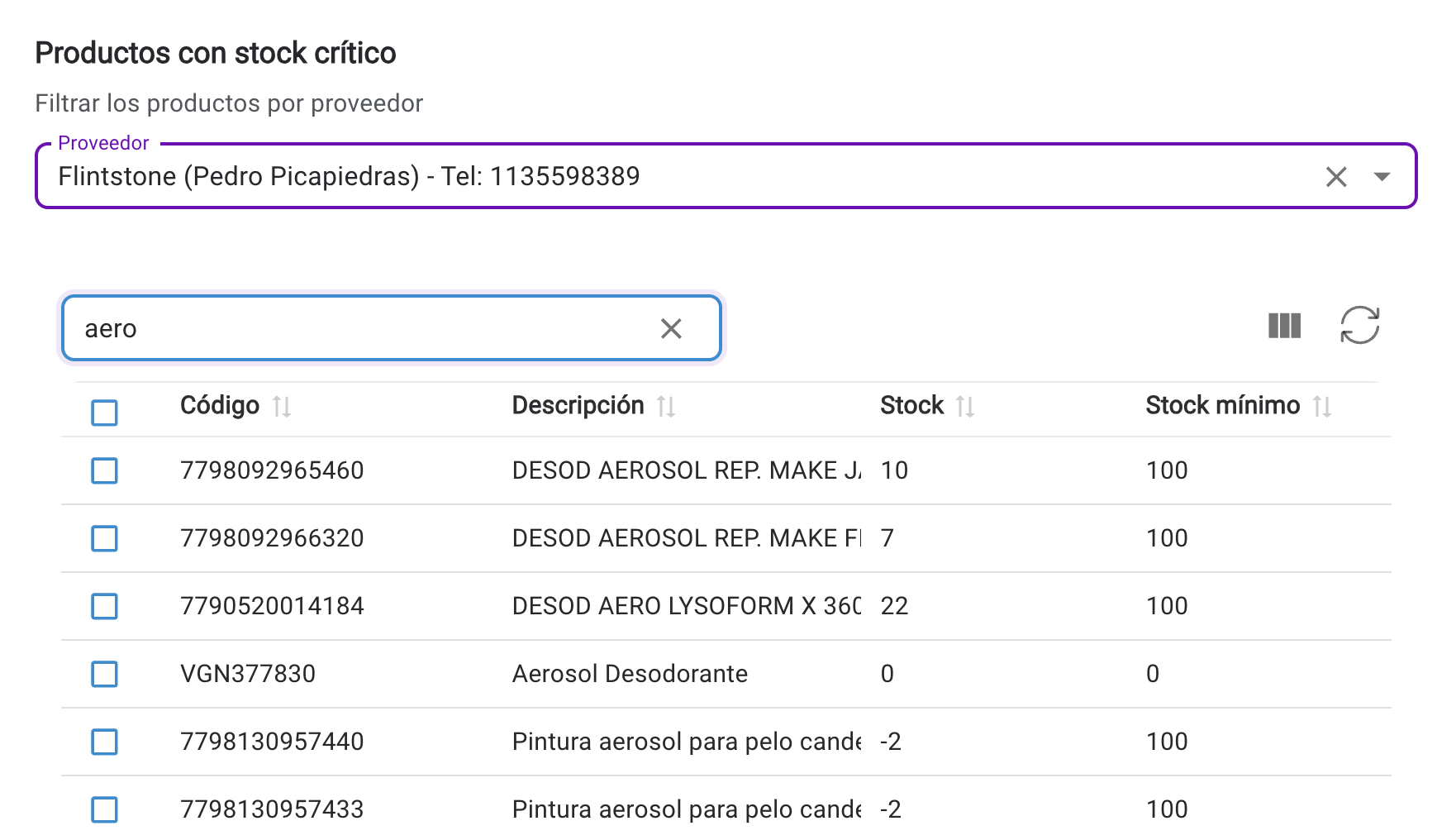 Vista de productos con stock critico filtrados por proveedor para preparar reposicion
