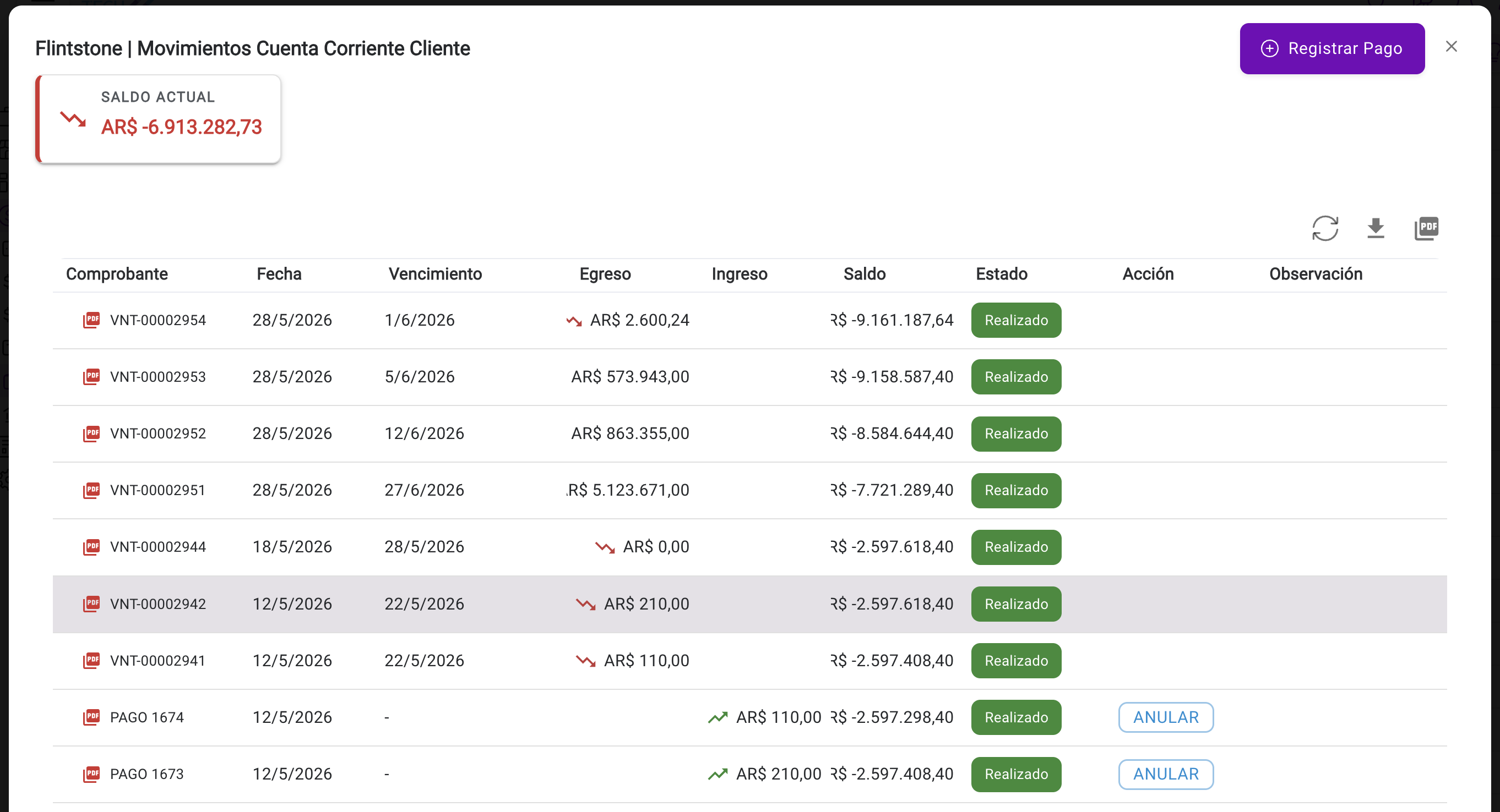 Vista de cuenta corriente de cliente con saldo actual, vencimientos y movimientos registrados