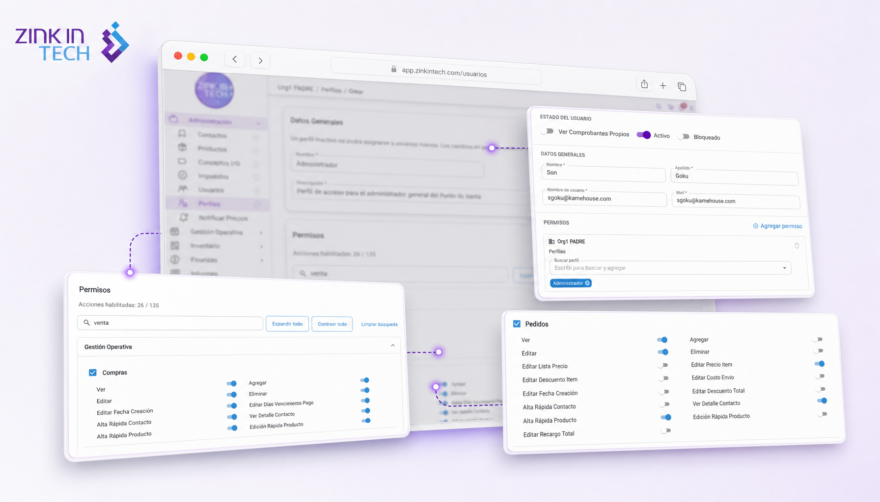 Vista del módulo Control de Acceso en ZinkERP