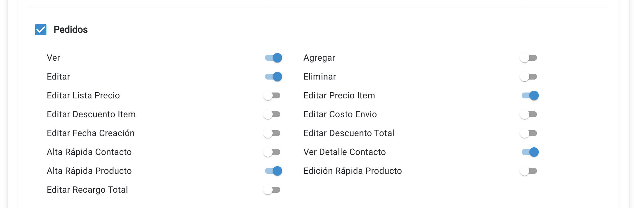 Matriz de permisos granulares con acciones habilitadas y restringidas por modulo